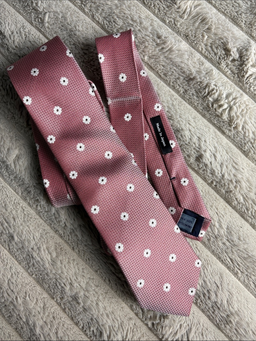 Pink Floral Silk Necktie with White Daisy Dots